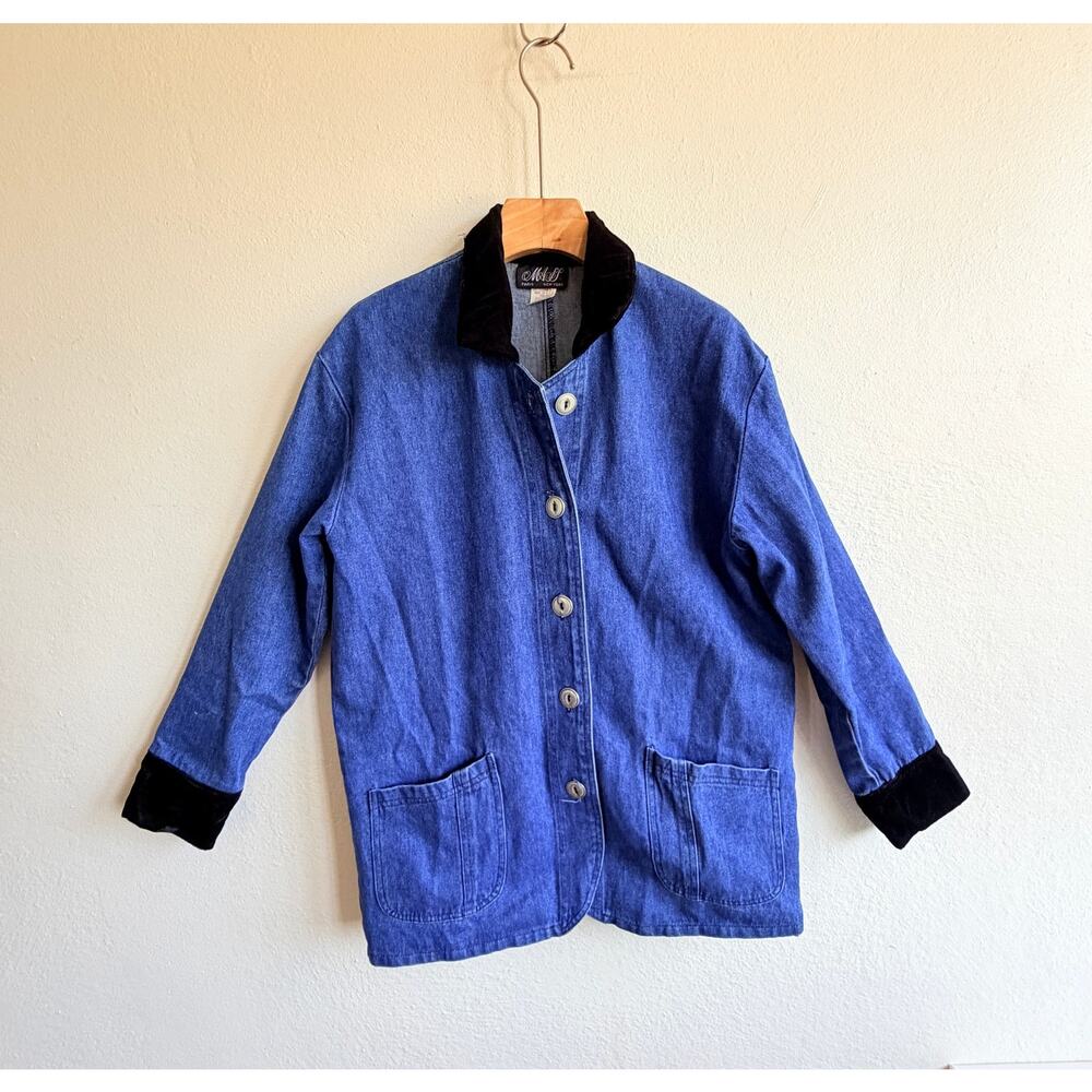 Vintage MASS Denim Barn Chore Jacket Velvet Trim Button Front USA Small Y2K